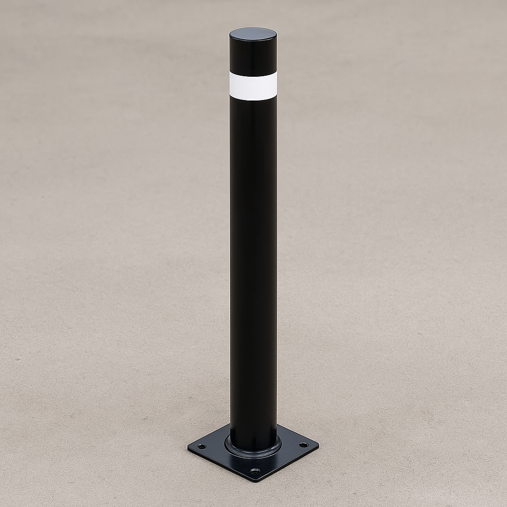 76mm Bolt-Down Pedestrian Street Bollard – Durable Steel Design with Hi-Vis Stripes
