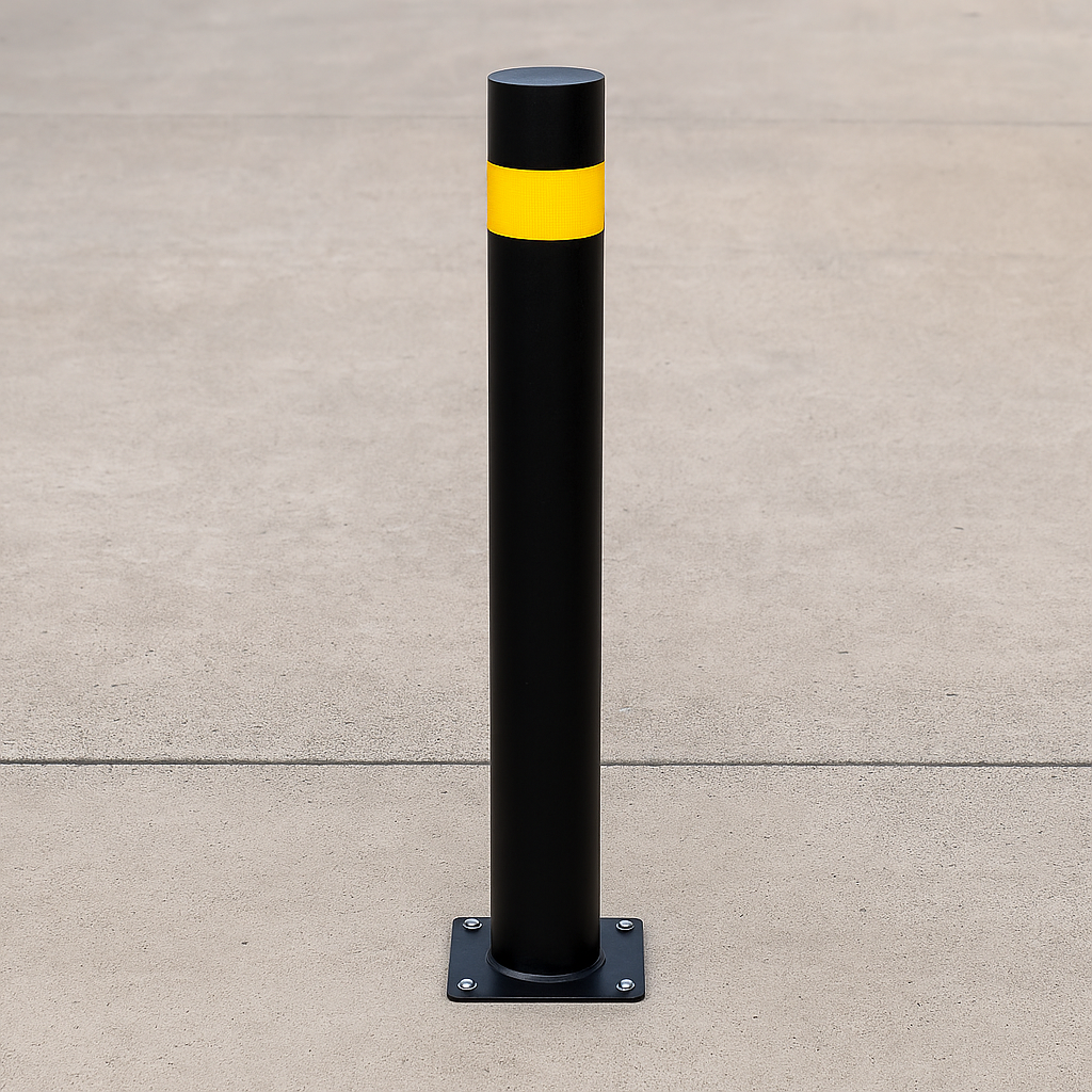 76mm Bolt-Down Pedestrian Street Bollard – Durable Steel Design with Hi-Vis Stripes