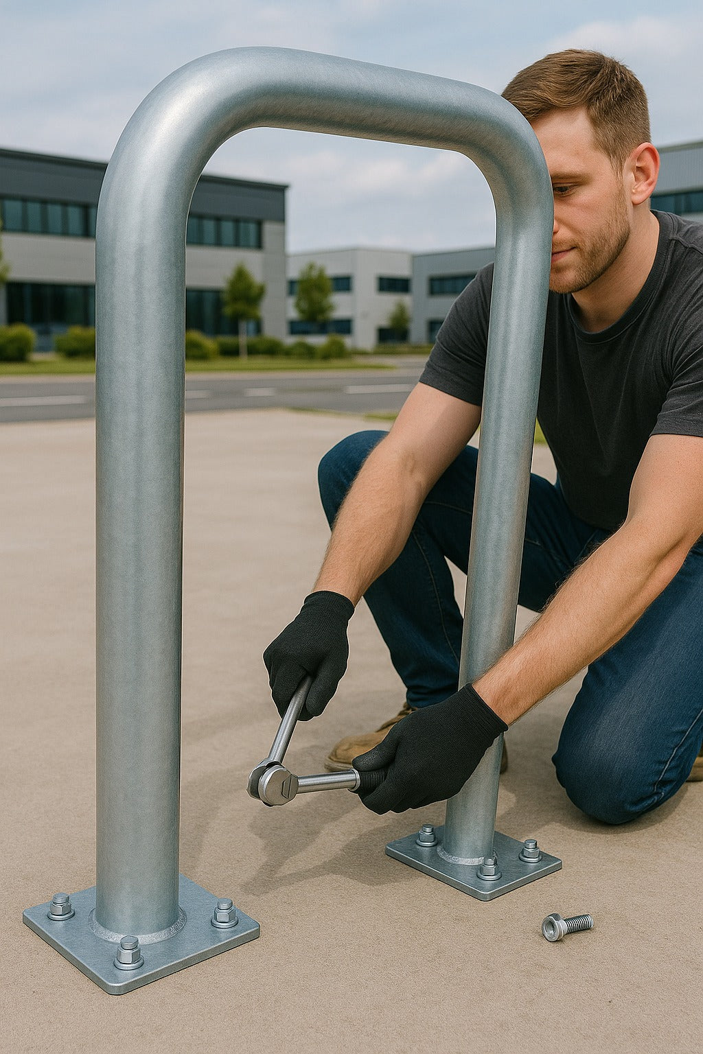 Heavy-Duty 48mm Galvanised Hooped Perimeter Barrier – Car Park & Warehouse Safety Bollard