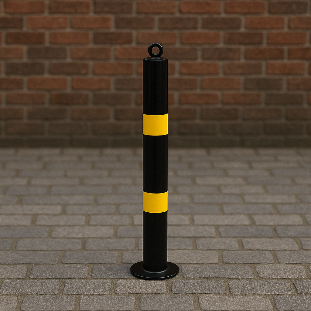 76mm Heavy-Duty Bolt-Down Steel Bollard – Black & Yellow | Safety Barrier for Traffic & Vehicle Control