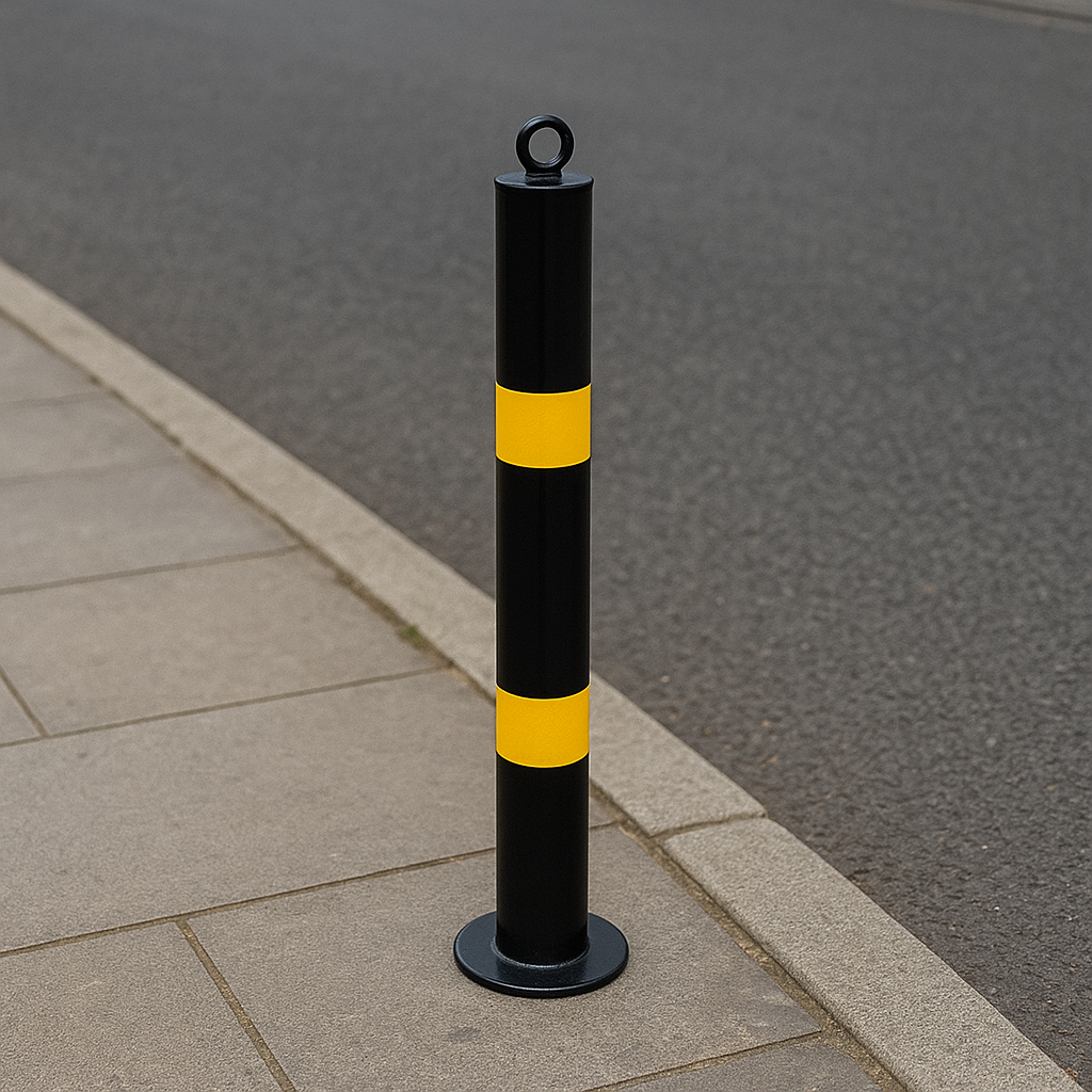 76mm Heavy-Duty Bolt-Down Steel Bollard – Black & Yellow | Safety Barrier for Traffic & Vehicle Control
