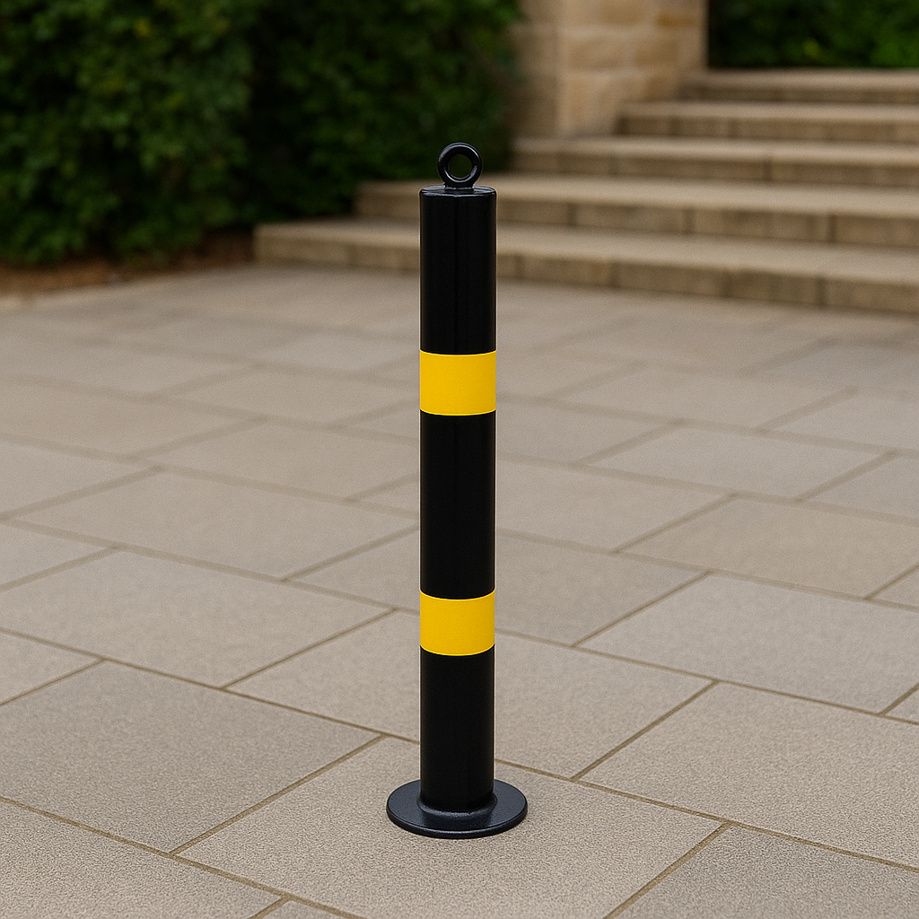 76mm Heavy-Duty Bolt-Down Steel Bollard – Black & Yellow | Safety Barrier for Traffic & Vehicle Control