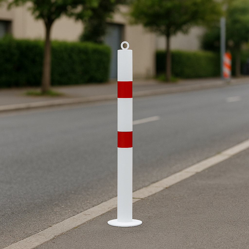 High-Visibility 76mm Steel Bollard – Bolt-Down | White with Red Reflective Bands | Impact & Traffic Protection