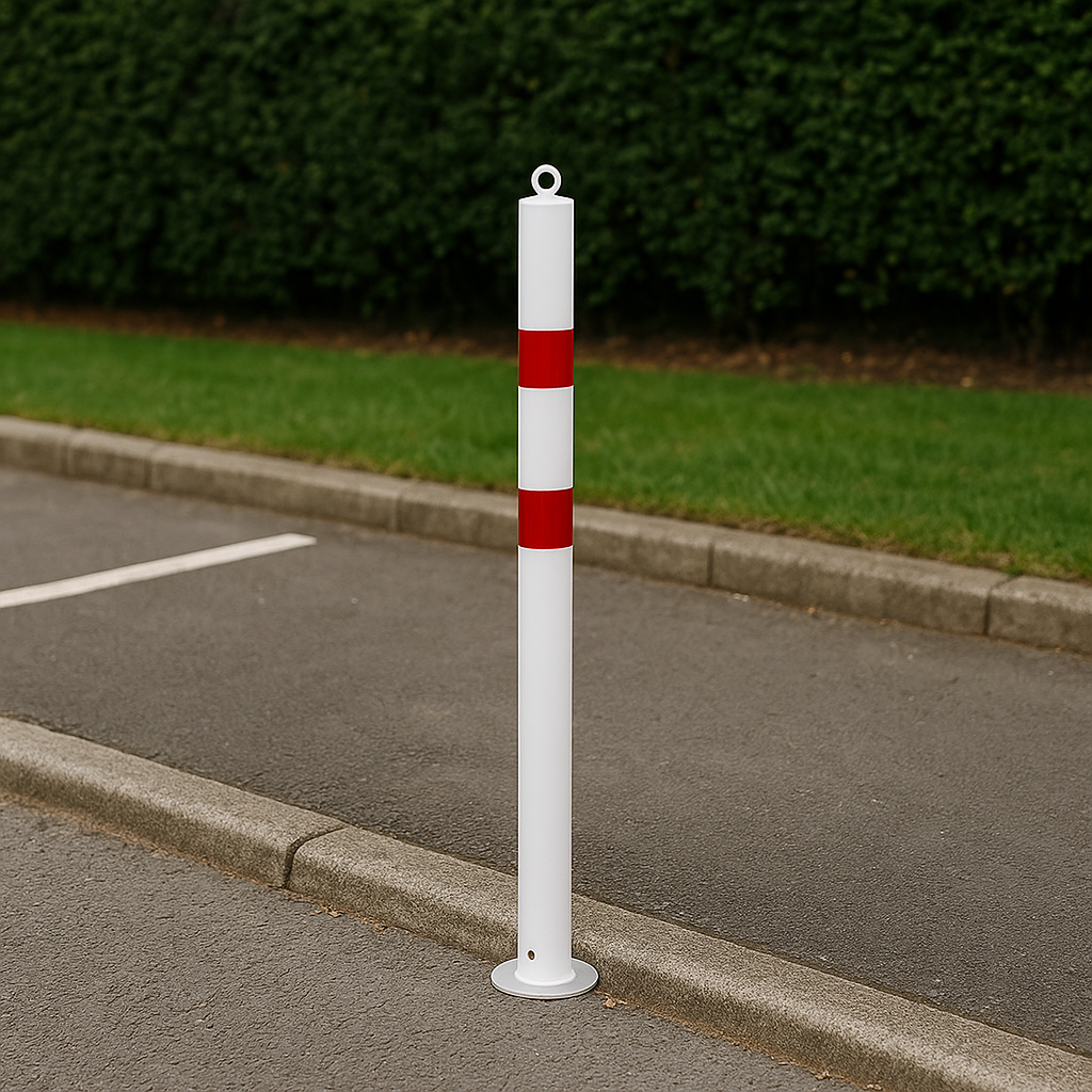 High-Visibility 76mm Steel Bollard – Bolt-Down | White with Red Reflective Bands | Impact & Traffic Protection