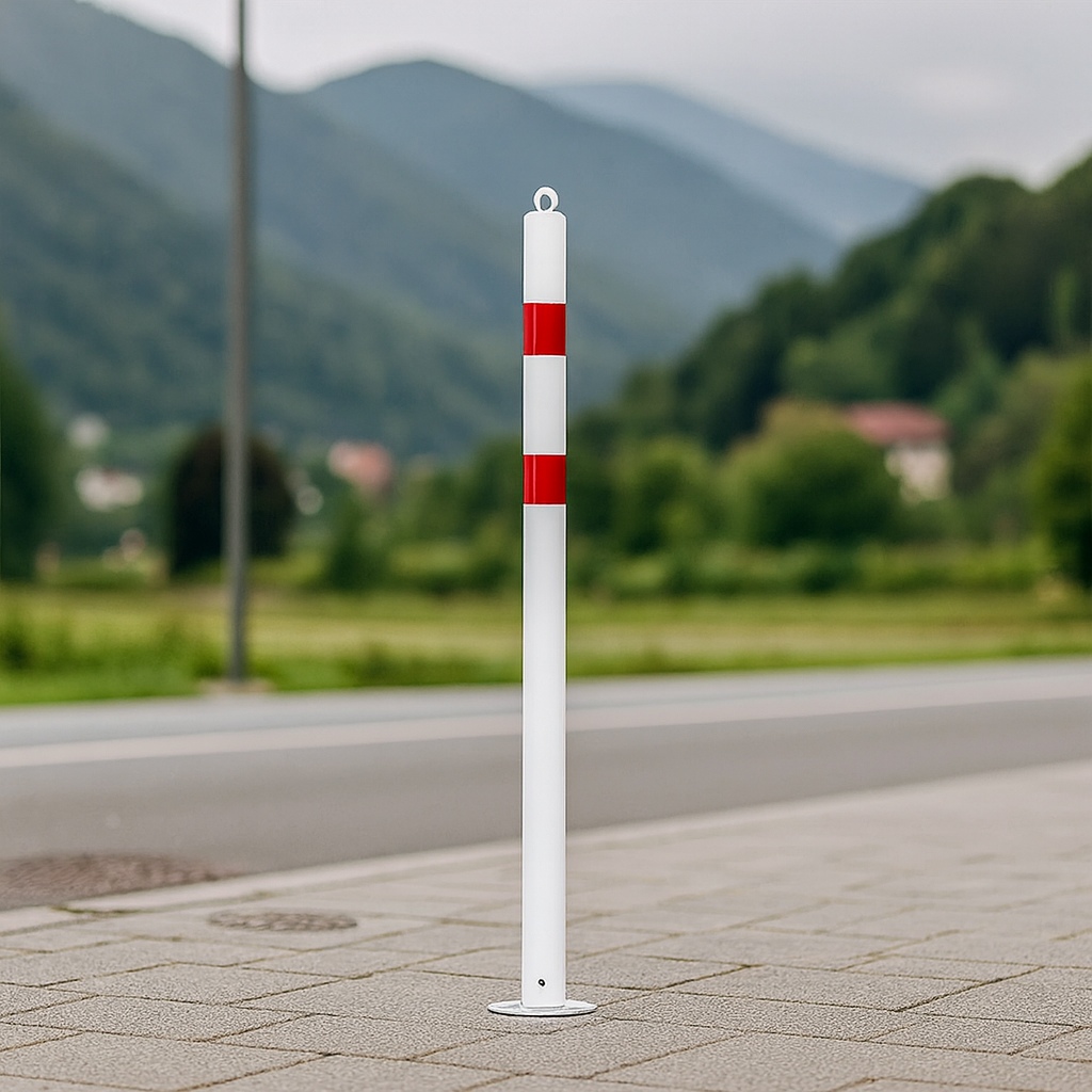 High-Visibility 76mm Steel Bollard – Bolt-Down | White with Red Reflective Bands | Impact & Traffic Protection