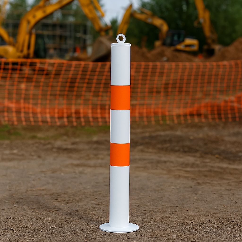High-Visibility 76mm Steel Safety Bollard – Bolt-Down | White with Orange Reflective Bands