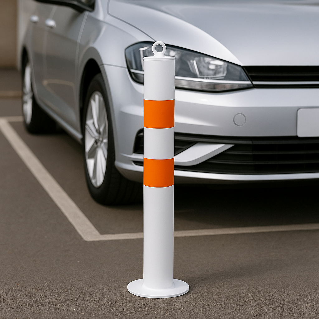 High-Visibility 76mm Steel Safety Bollard – Bolt-Down | White with Orange Reflective Bands