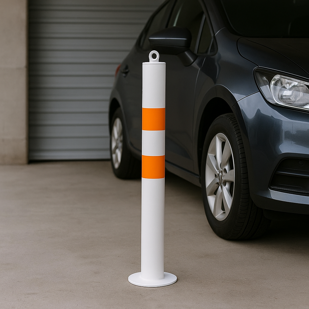 High-Visibility 76mm Steel Safety Bollard – Bolt-Down | White with Orange Reflective Bands