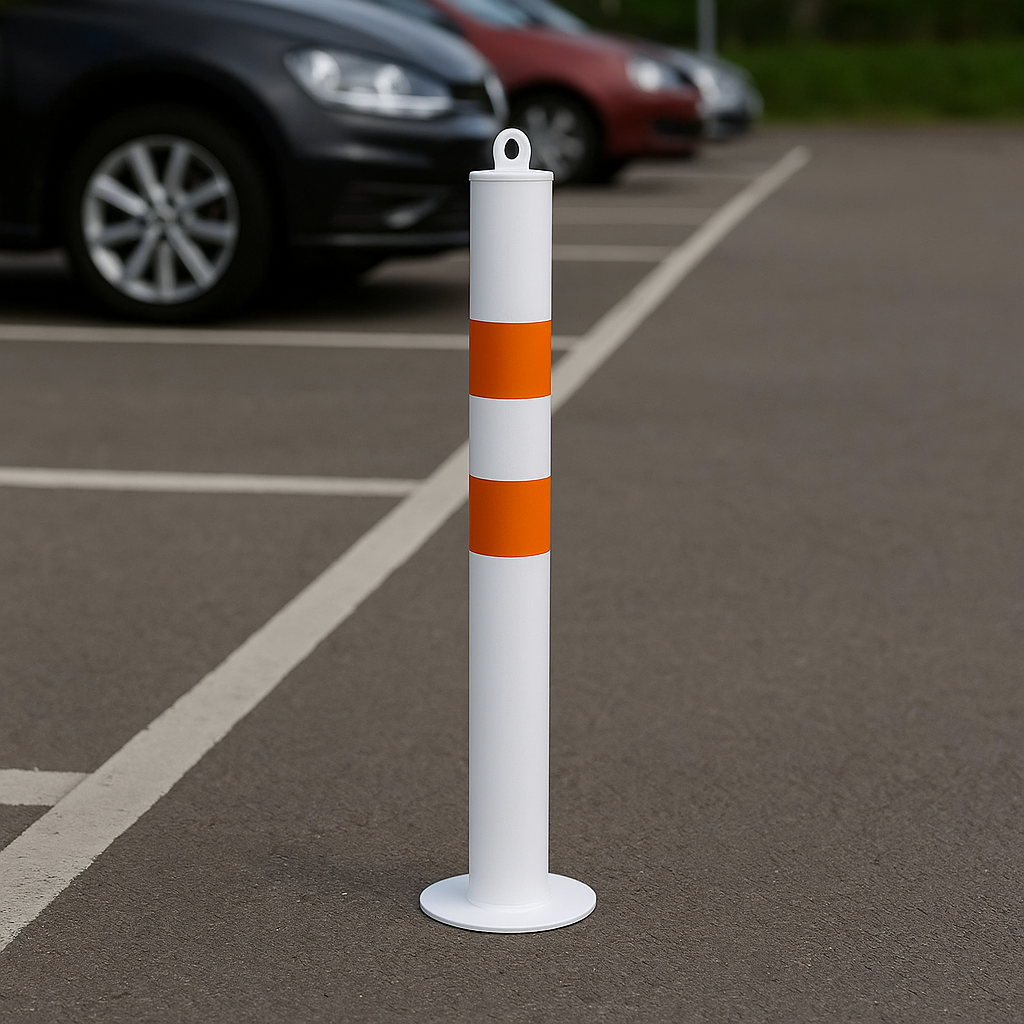 High-Visibility 76mm Steel Safety Bollard – Bolt-Down | White with Orange Reflective Bands