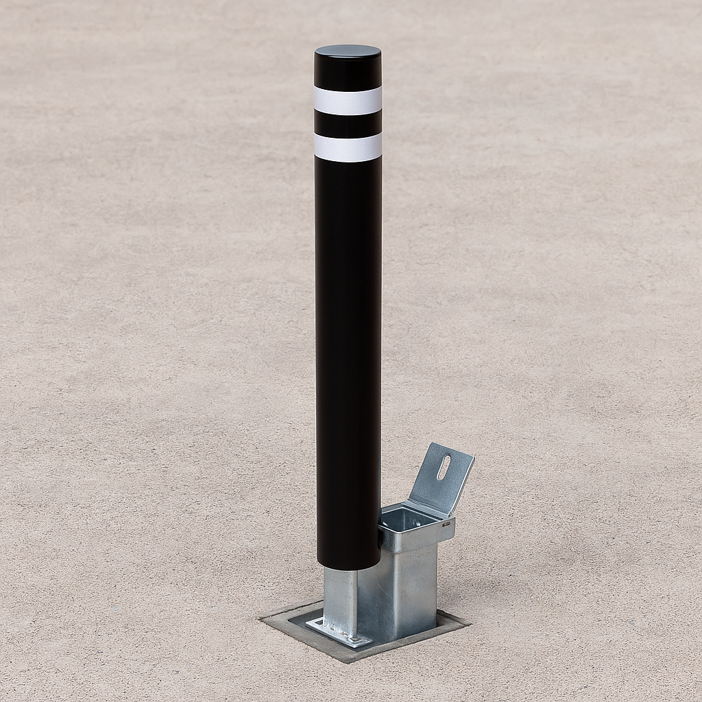 Smart & Secure Removable Pedestrian Bollard – 1000mm Height with Flush-Fit Ground Socket and Hi-Vis Stripes
