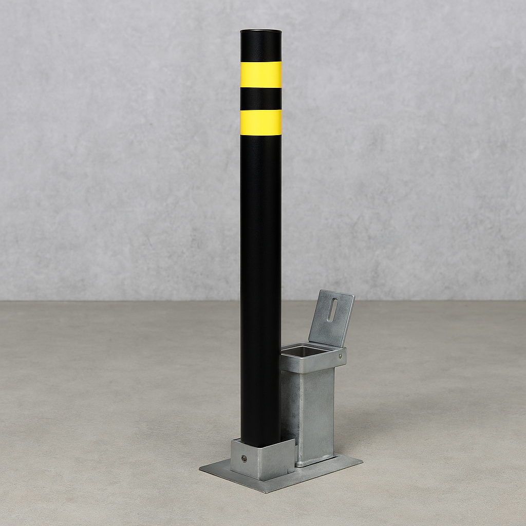 Smart & Secure Removable Pedestrian Bollard – 1000mm Height with Flush-Fit Ground Socket and Hi-Vis Stripes