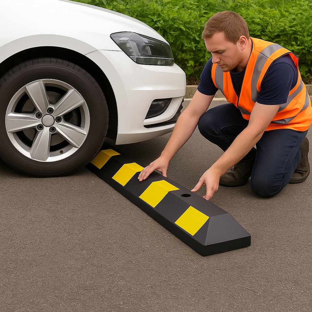 1800mm Heavy-Duty Rubber Wheel Stop with Fixings – Yellow/Black | Durable Parking Aid for Cars & Light Commercial Vehicles