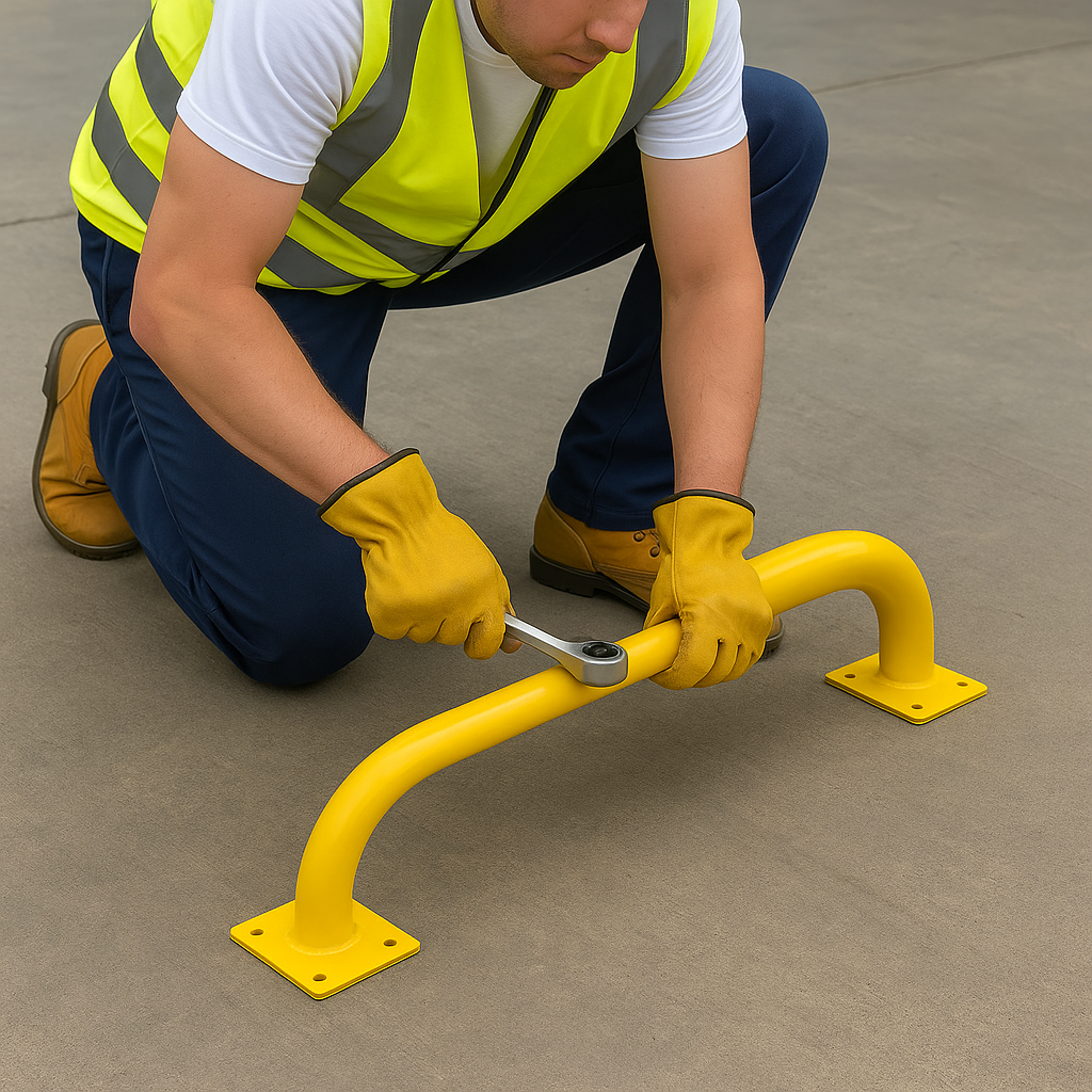 Cranked Wheel Guide Pair – 3 m Bolt-Down, Galvanised Steel with High-Visibility Powder Coat