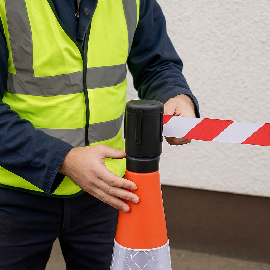 Traffic Safety Cone Topper with Retractable Red-White Barrier Tape – Quick-Deploy Safety Solution