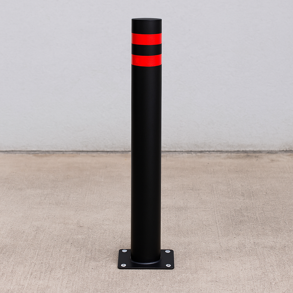 76mm Bolt-Down Pedestrian Street Bollard – Durable Steel Design with Hi-Vis Stripes