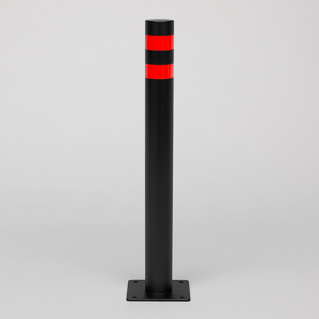 76mm Bolt-Down Pedestrian Street Bollard – Durable Steel Design with Hi-Vis Stripes