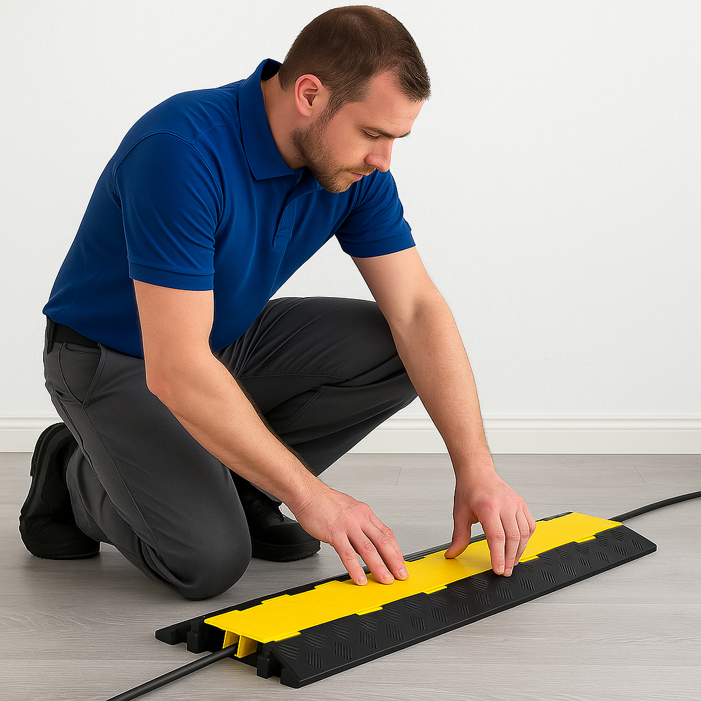 Heavy-Duty 2-Channel Pedestrian Cable Protector – Floor Cable Ramp for Events, Worksites & Public Safety