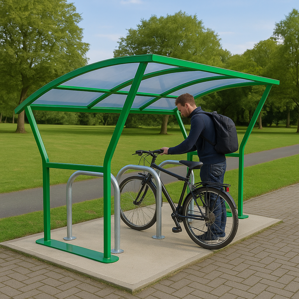 Cambourne Cycle Shelter – Single-Sided Galvanised Steel Frame with Clear PETG Roof (Cambridge Style)