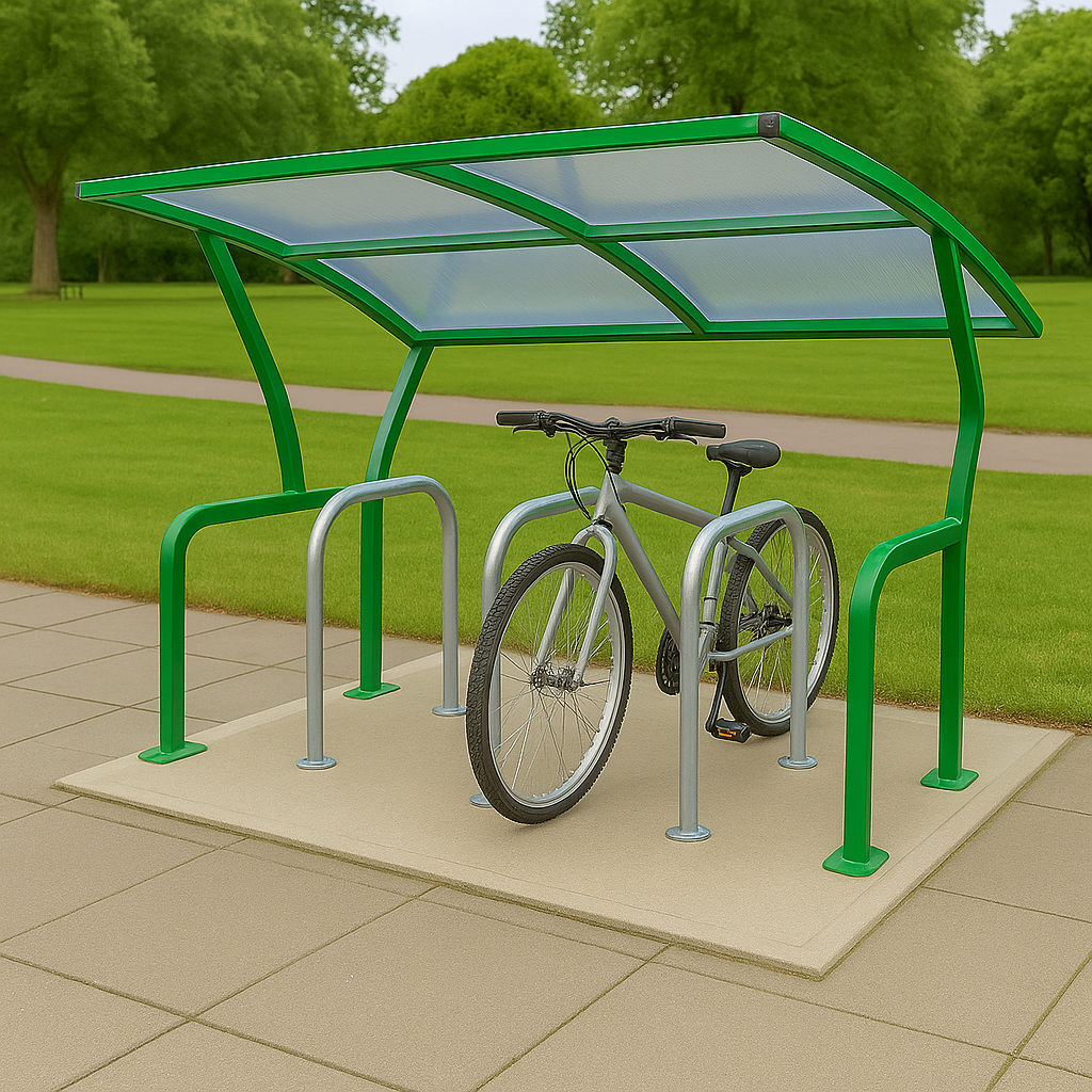 Cambourne Cycle Shelter – Single-Sided Galvanised Steel Frame with Clear PETG Roof (Cambridge Style)