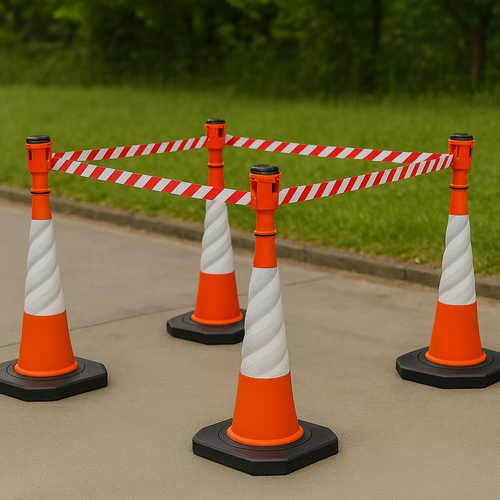 Traffic Safety Cone Topper with Retractable Red-White Barrier Tape – Quick-Deploy Safety Solution