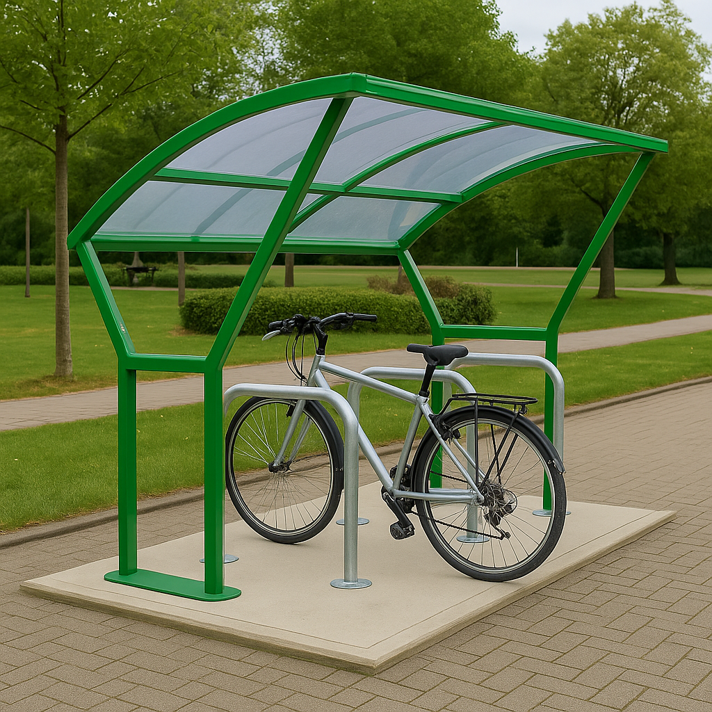 Cambourne Cycle Shelter – Single-Sided Galvanised Steel Frame with Clear PETG Roof (Cambridge Style)
