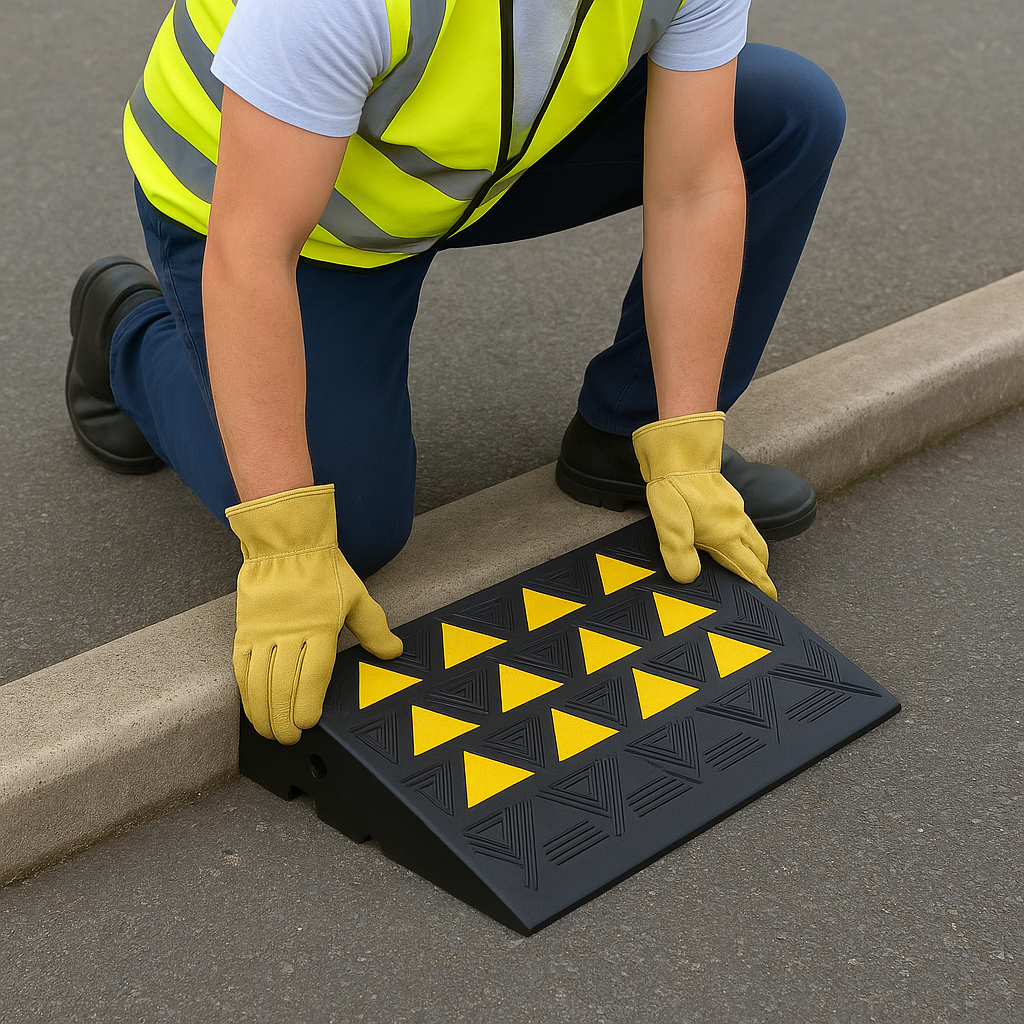 Heavy-Duty Rubber Kerb Ramp (100–200mm Height) – Smooth Access for Vehicles, Trolleys & Wheelchairs
