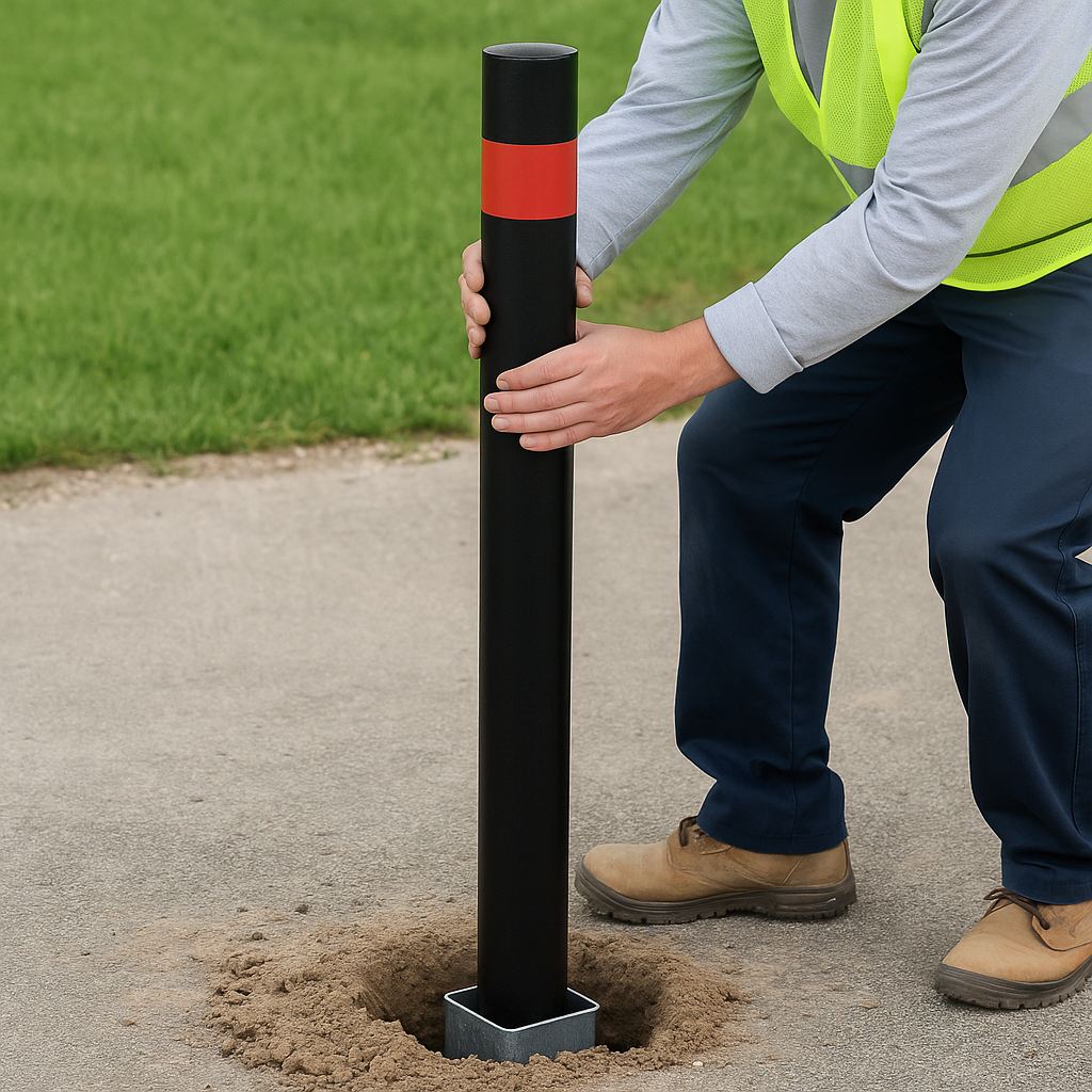 76mm Concrete-In Pedestrian Street Bollard – Heavy-Duty Steel Post with Hi-Vis Stripes