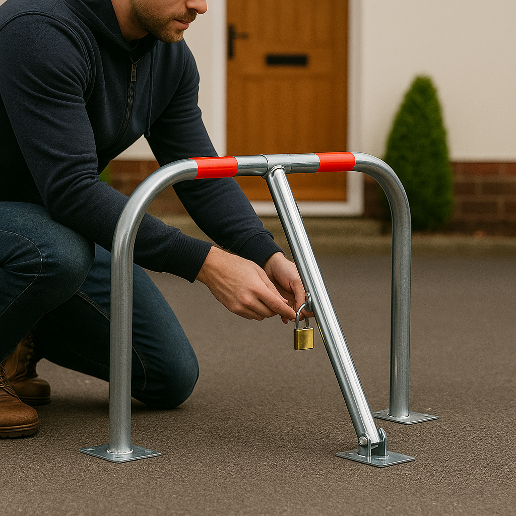 Heavy-Duty 3-Leg Folding Parking Post – Secure Driveway & Reserved Space Barrier (Padlock & Keys Included)