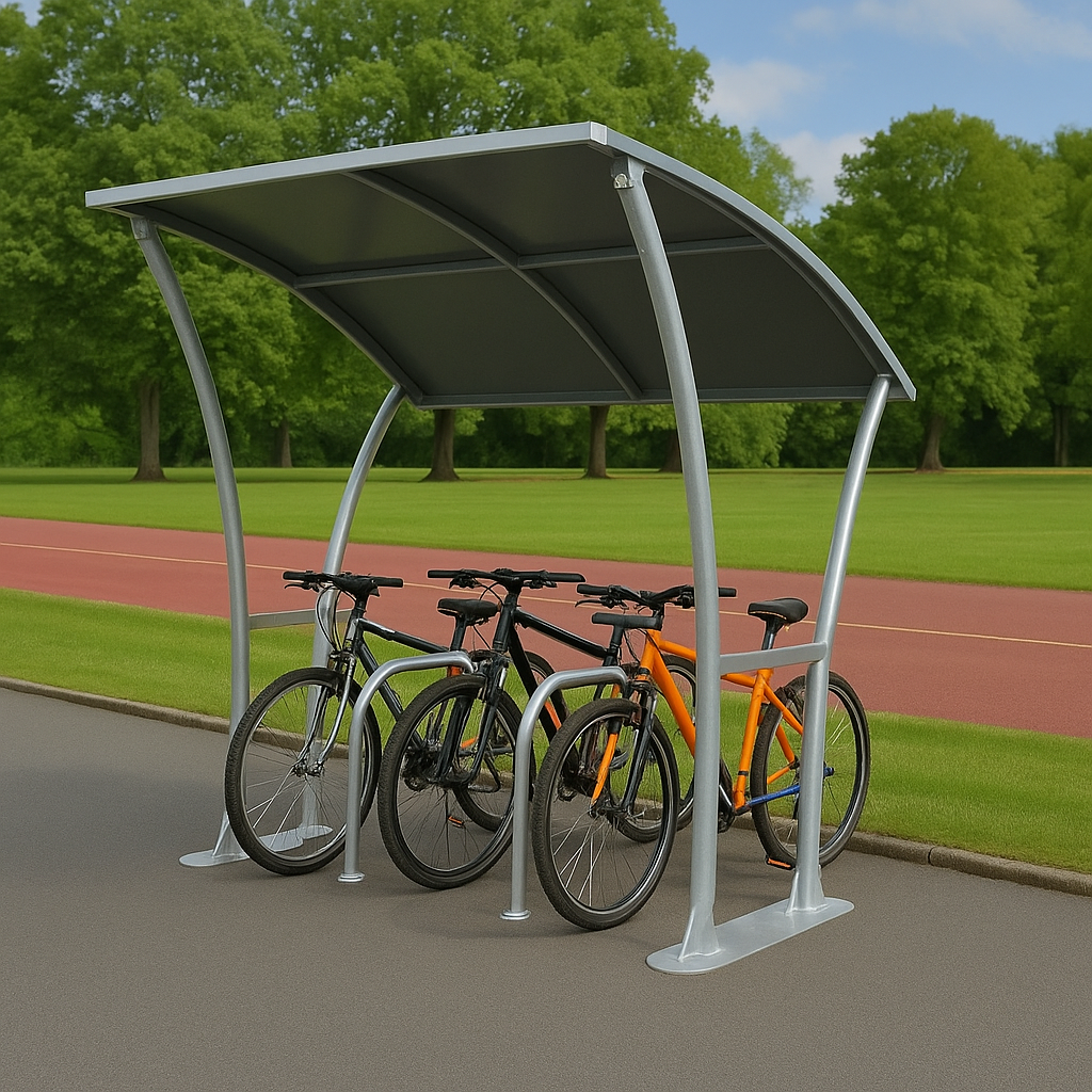 Newton Cycle Shelter – Galvanised Steel Frame with Curved Galvanised Roof (2m–5m + Extension Bays)