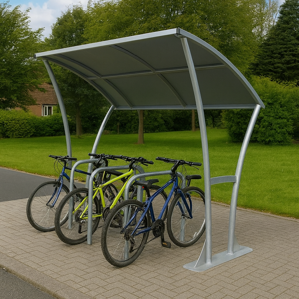 Newton Cycle Shelter – Galvanised Steel Frame with Curved Galvanised Roof (2m–5m + Extension Bays)