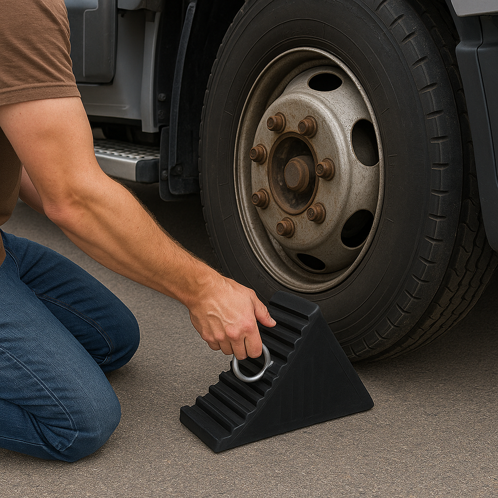 Heavy-Duty Rubber Wheel Chock for HGVs & Trucks – Industrial-Grade, Non-Slip Tyre Stopper for Trailers & Lorries