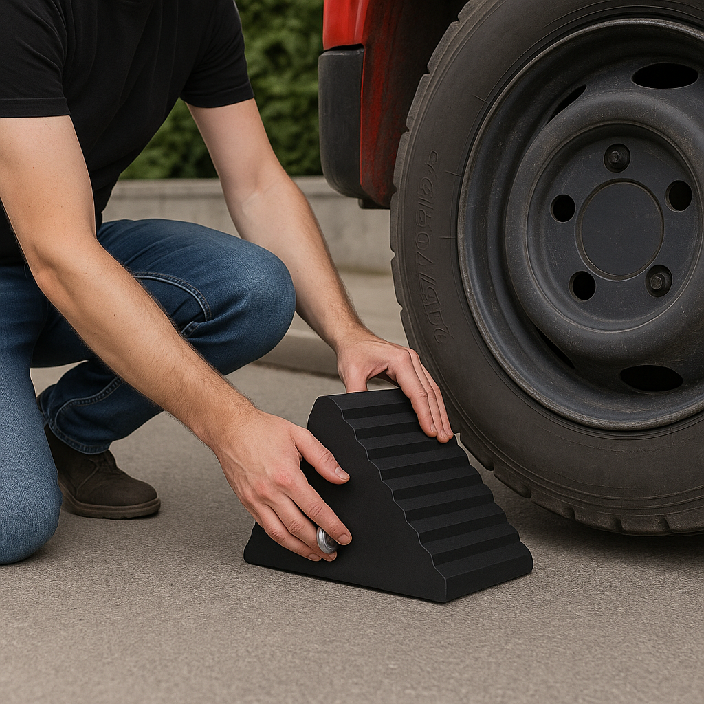 Heavy-Duty Pyramid Rubber Wheel Chock for HGVs, Trucks & Trailers – Industrial-Grade, Anti-Slip Tyre Stopper for Maximum Vehicle Safety