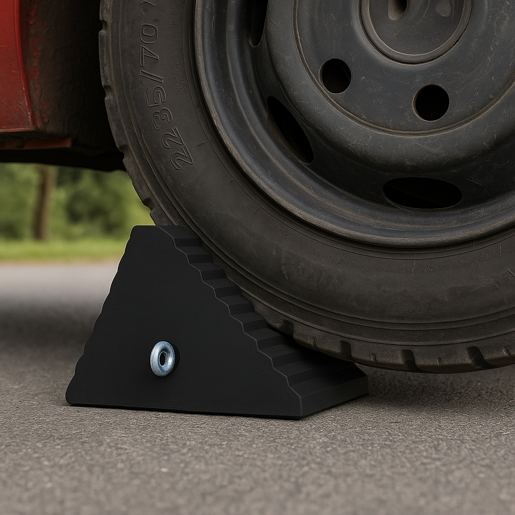 Heavy-Duty Pyramid Rubber Wheel Chock for HGVs, Trucks & Trailers – Industrial-Grade, Anti-Slip Tyre Stopper for Maximum Vehicle Safety