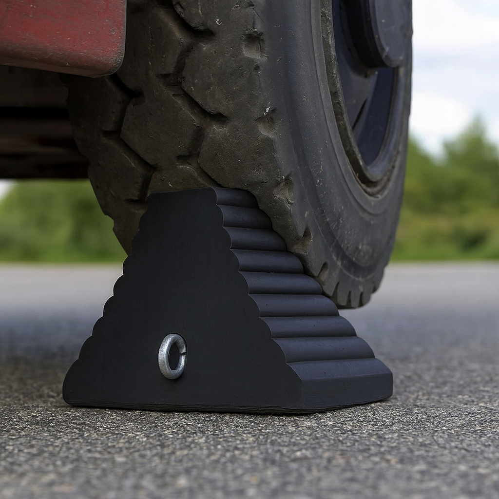 Heavy-Duty Pyramid Rubber Wheel Chock for HGVs, Trucks & Trailers – Industrial-Grade, Anti-Slip Tyre Stopper for Maximum Vehicle Safety
