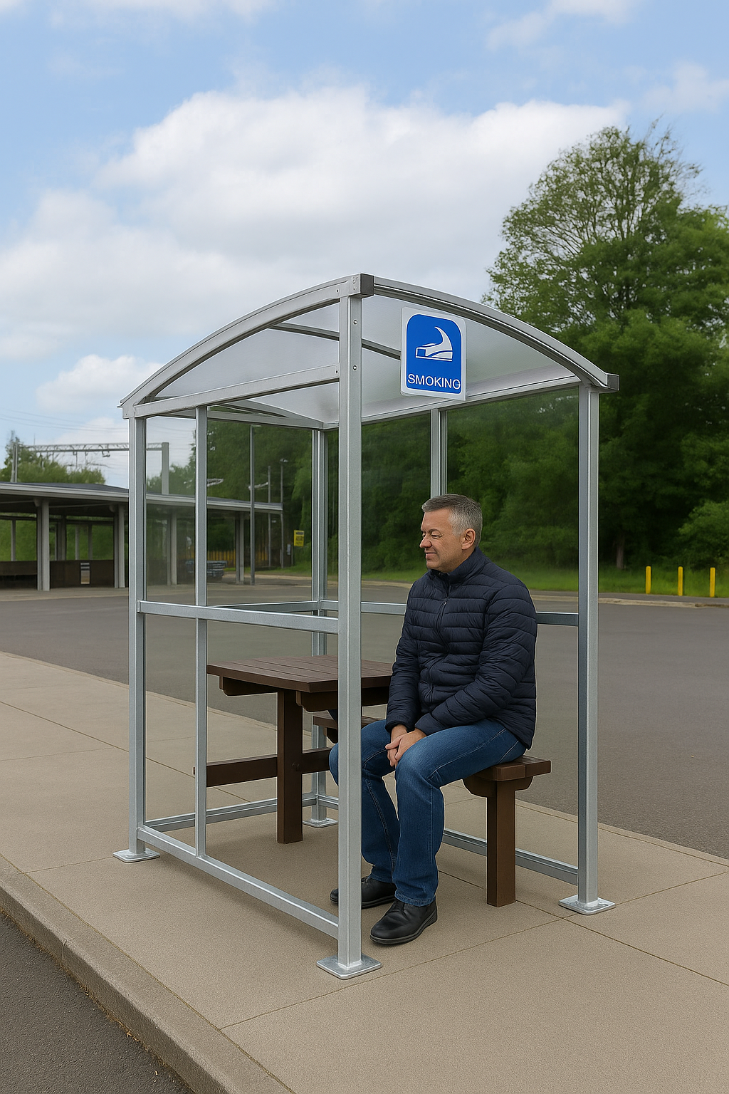 Burbank Smoking Shelter – Open-Front Galvanised Steel Frame with UV-Protected PETG Roof | Modular, Weather-Resistant Design