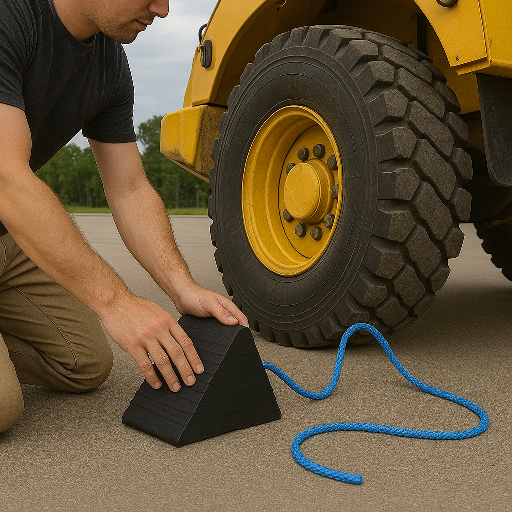 Heavy-Duty Ribbed Rubber Aircraft Wheel Chock (225 mm Face, 21 kg) – Oil & Weather-Resistant with High-Visibility Rope Handle