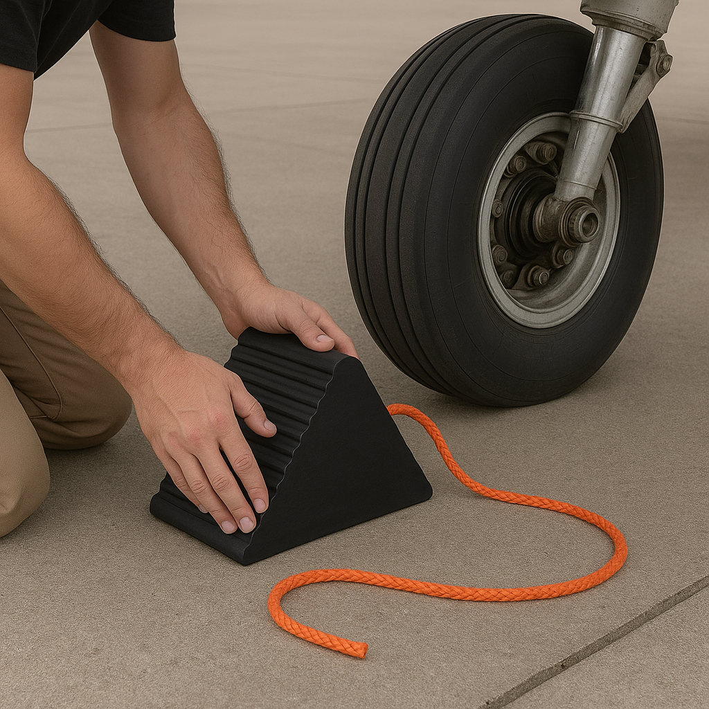 Heavy-Duty Ribbed Rubber Aircraft Wheel Chock (225 mm Face, 21 kg) – Oil & Weather-Resistant with High-Visibility Rope Handle