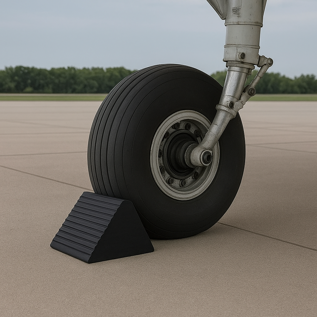 Heavy-Duty Ribbed Rubber Aircraft Wheel Chock (225 mm Face, 21 kg) – Oil & Weather-Resistant with High-Visibility Rope Handle