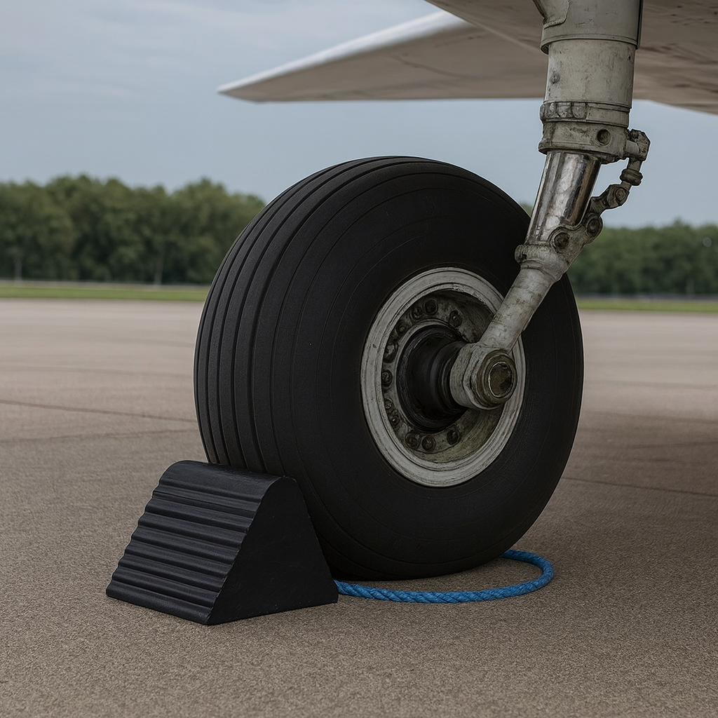 Heavy-Duty Ribbed Rubber Aircraft Wheel Chock (225 mm Face, 21 kg) – Oil & Weather-Resistant with High-Visibility Rope Handle