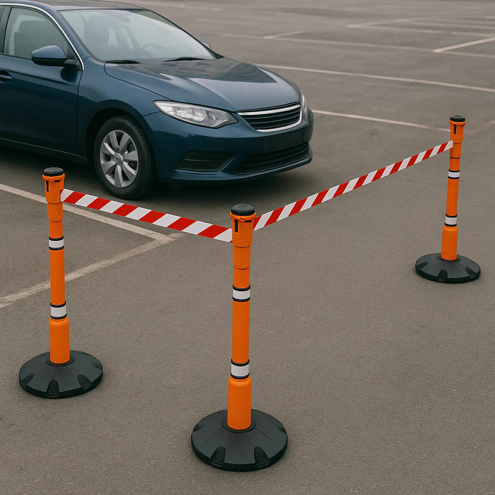 27m Retractable Safety Barrier Kit (KIT01) – Heavy-Duty Post & Base System with High-Visibility Tape