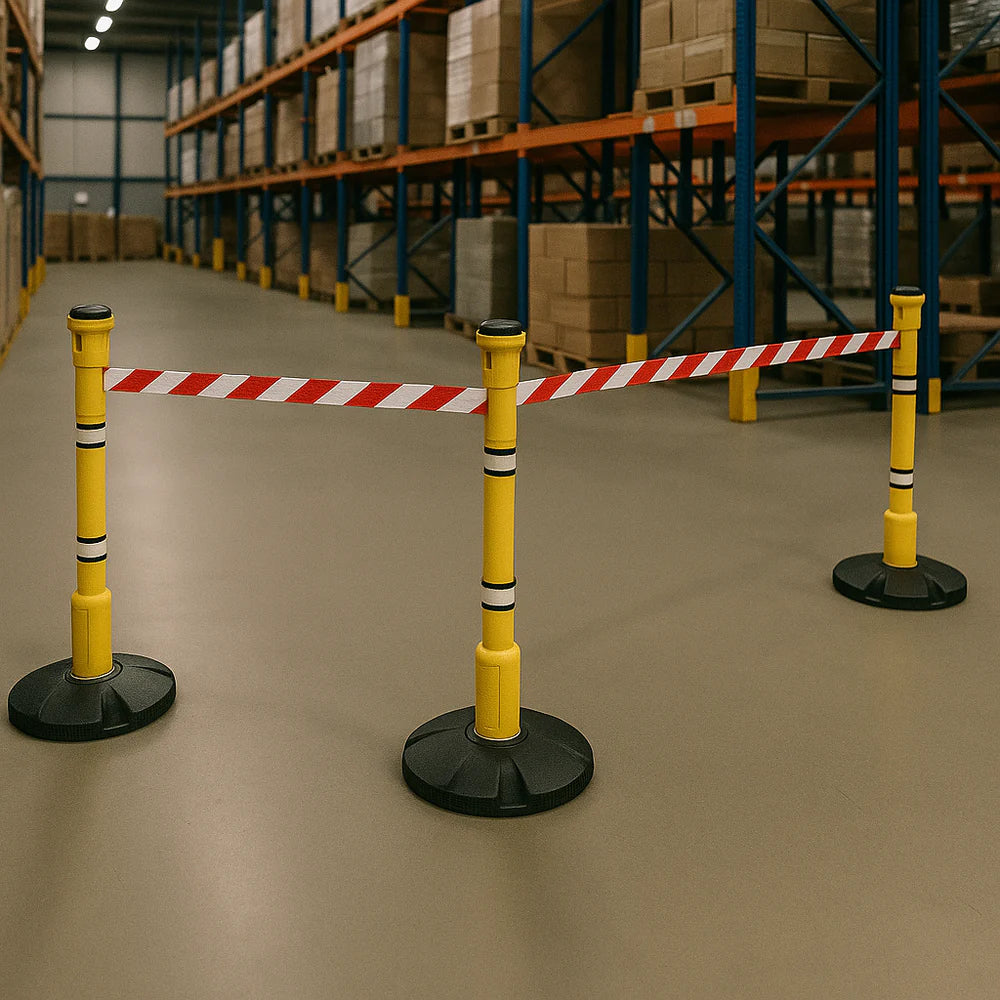 27m Retractable Safety Barrier Kit (KIT01) – Heavy-Duty Post & Base System with High-Visibility Tape