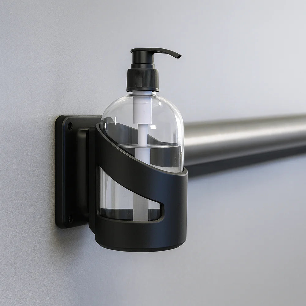 Universal Sanitiser Bracket – Secure Mount for Pump Dispensers (Up to 75mm Diameter)