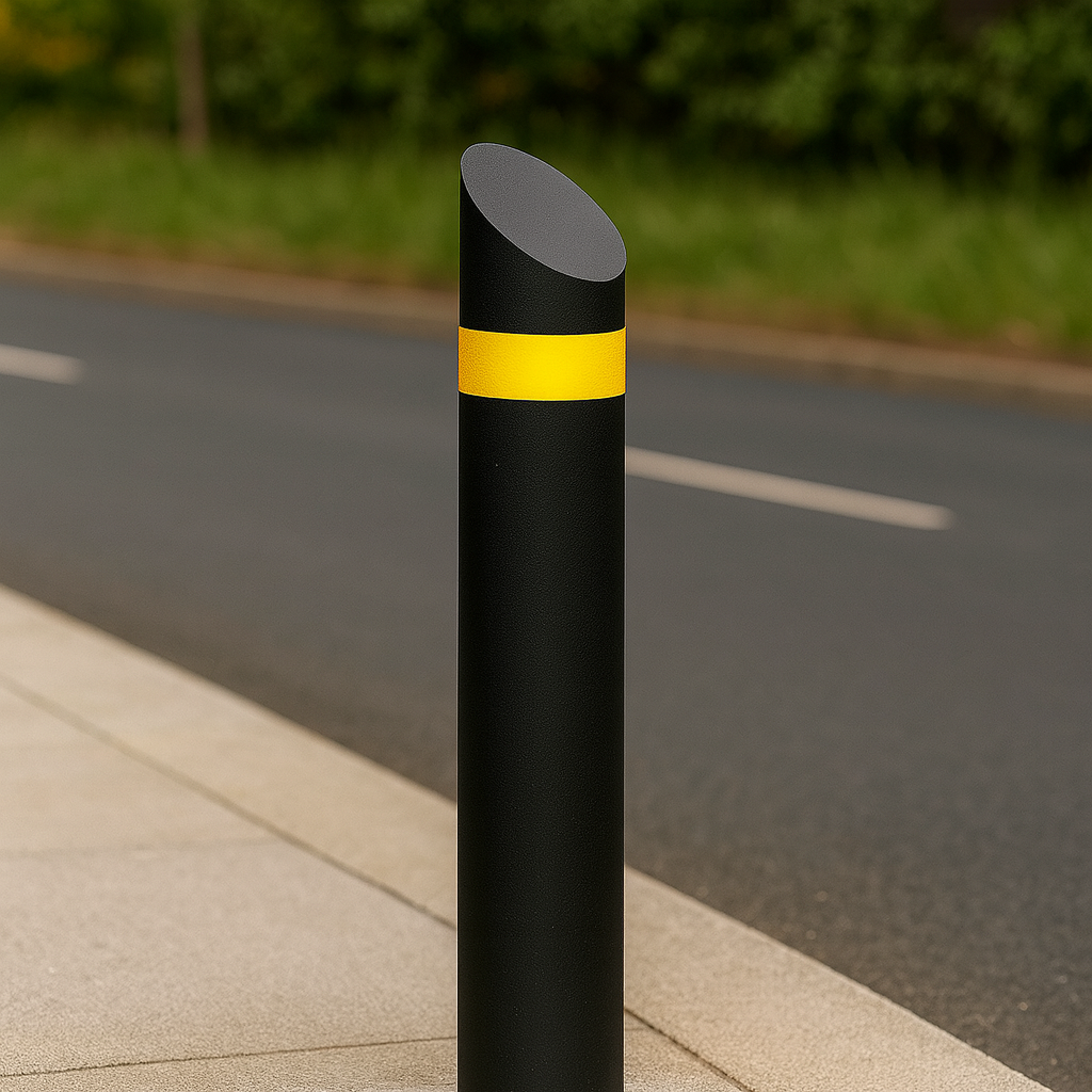Curved Edge Top Steel Bollard – 1000mm Height | Galvanised & Black Finish | 76–193mm Diameter | Durable Anti-Ram Post for Security & Traffic Control