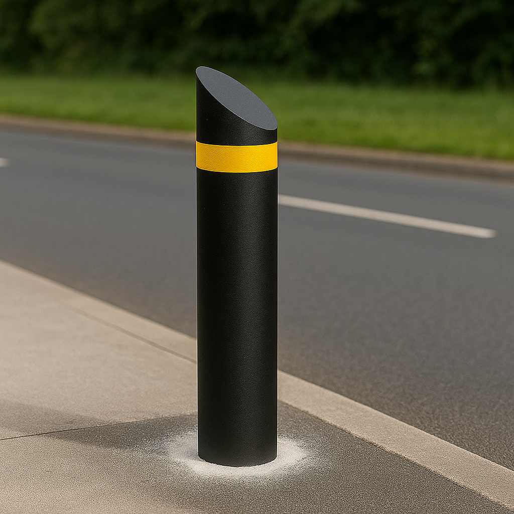 Curved Edge Top Steel Bollard – 1000mm Height | Galvanised & Black Finish | 76–193mm Diameter | Durable Anti-Ram Post for Security & Traffic Control