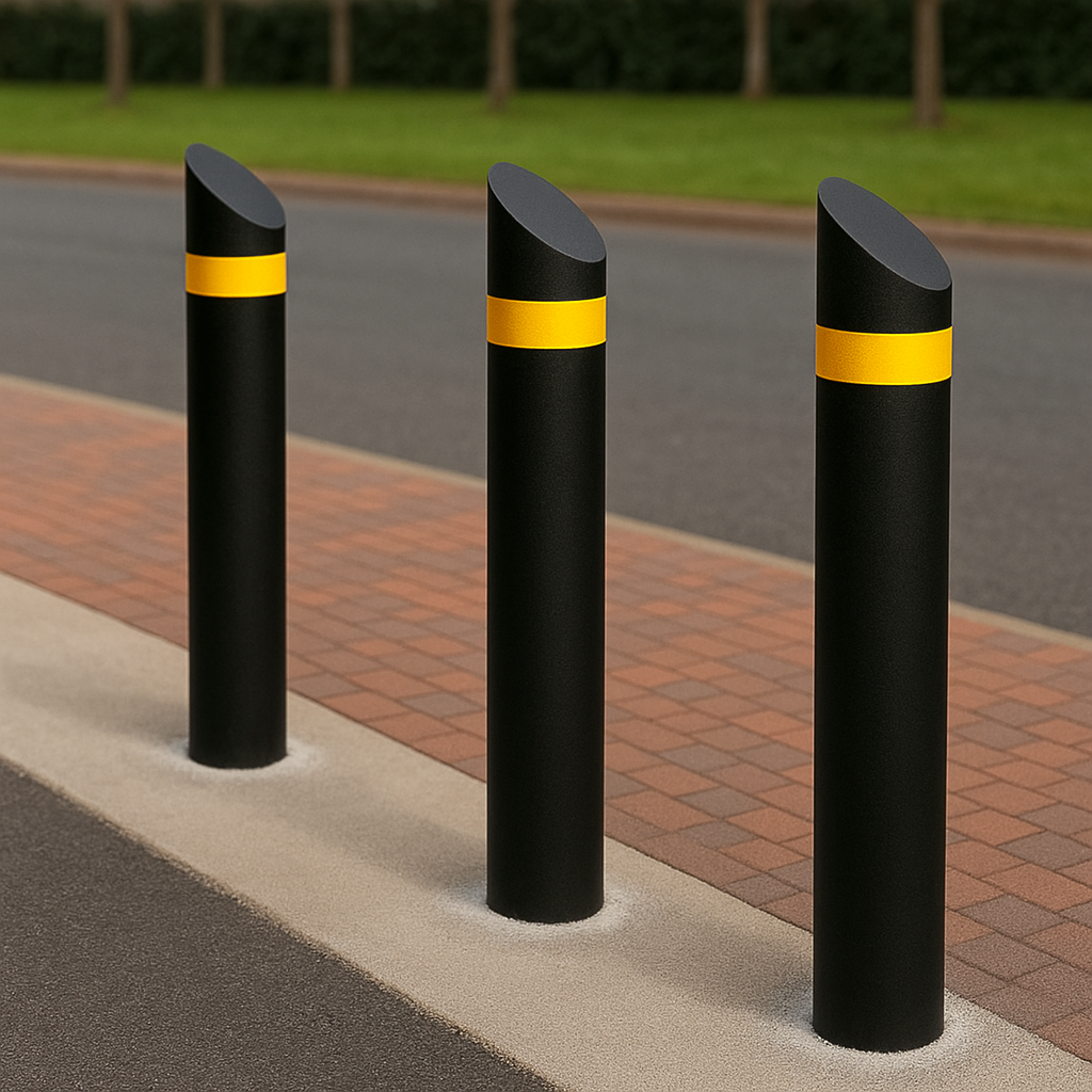 Curved Edge Top Steel Bollard – 1000mm Height | Galvanised & Black Finish | 76–193mm Diameter | Durable Anti-Ram Post for Security & Traffic Control