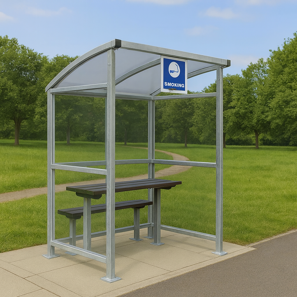 Burbank Smoking Shelter – Open-Front Galvanised Steel Frame with UV-Protected PETG Roof | Modular, Weather-Resistant Design