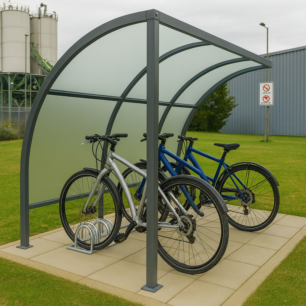 Stratford Cycle Shelter with End Panels – Galvanised Steel Frame & UV-Protected PETG Curved Roof (1m–5m)