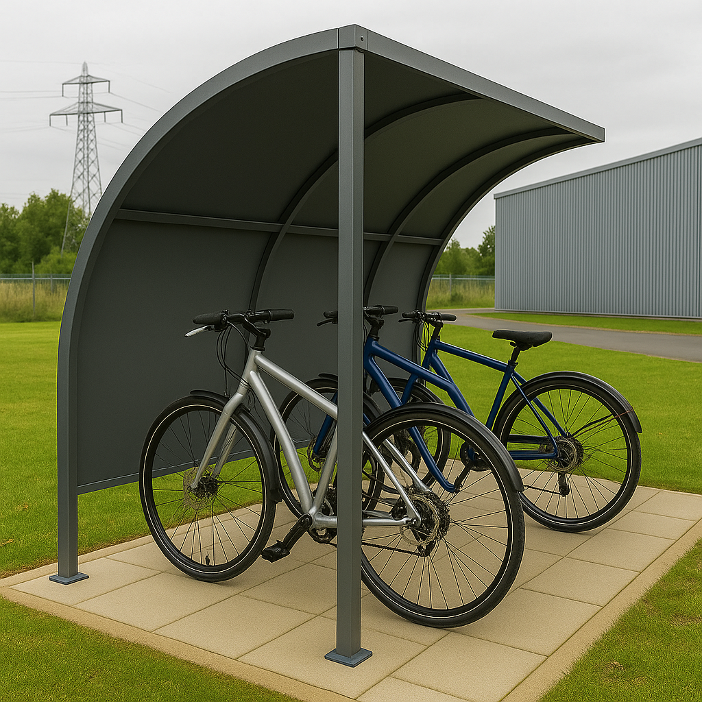 Stratford Cycle Shelter with End Panels – Galvanised Steel Frame & UV-Protected PETG Curved Roof (1m–5m)