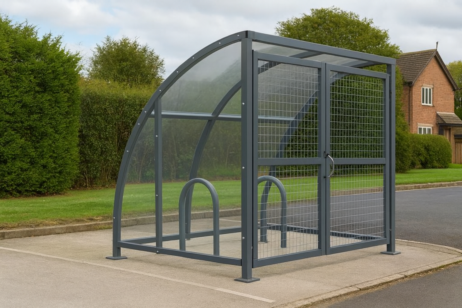 SC1 Stratford Cycle Shelter – Galvanised Steel Frame with Lockable Mesh Doors & Clear UV-Protected PETG Panels