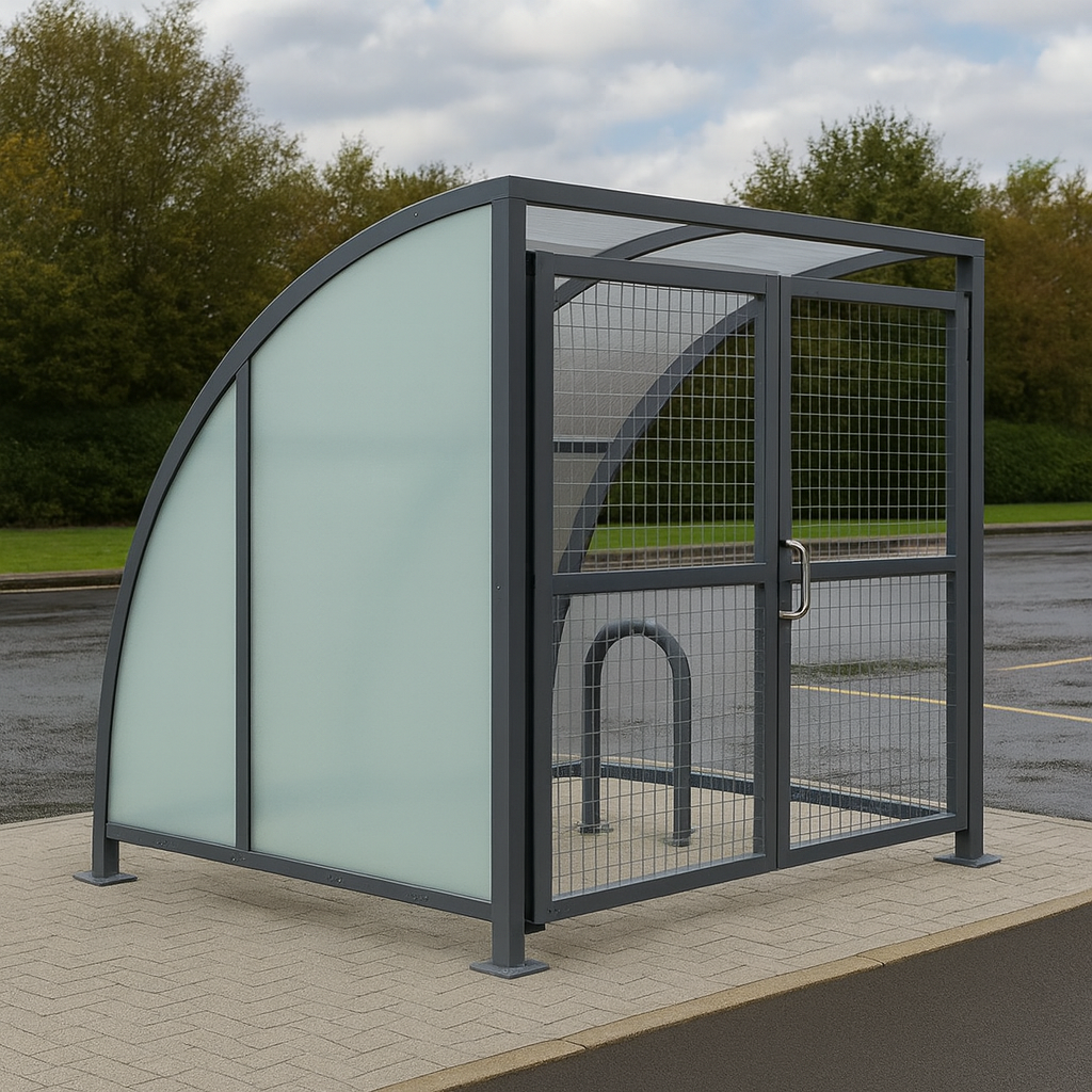 SC1 Stratford Cycle Shelter – Galvanised Steel Frame with Lockable Mesh Doors & Clear UV-Protected PETG Panels